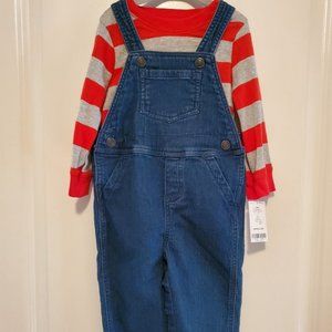 CARTER'S Baby Boy Red Striped Shirt Blue Jean Overalls Outfit 18M 18 Months NWT